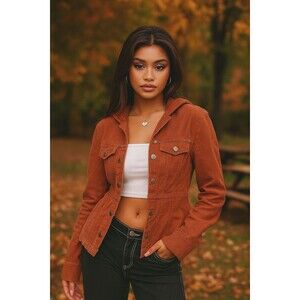 Vintage Y2K Corduroy Jacket Women S Brown Rust Hooded Gilmore Girls Retro